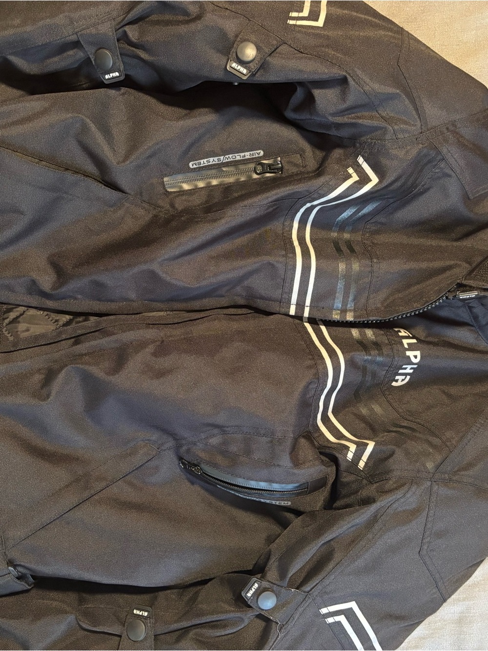 Alpha Black Armored Textile Motorcycle Jacket with Reflective Stripes
